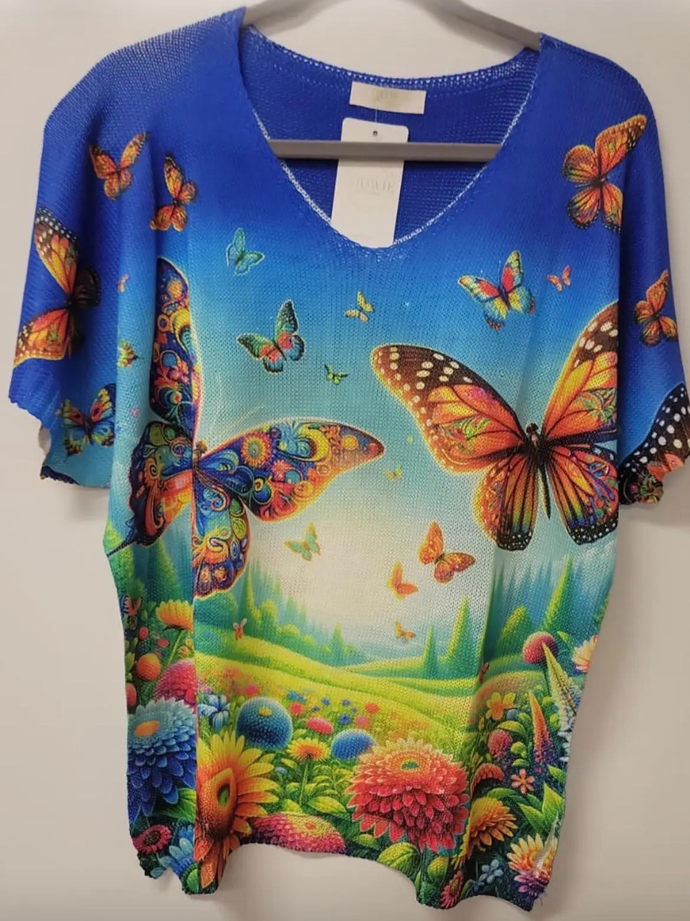 L182 | Loowie Blue Butterfly Garden Knit Sweater | V-Neck | One Size S-L